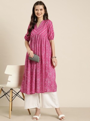 HERE&NOW Women Printed A-line Kurta(Pink, White)