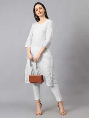 The Chikankari Story Women Embroidered Straight Kurta(White)