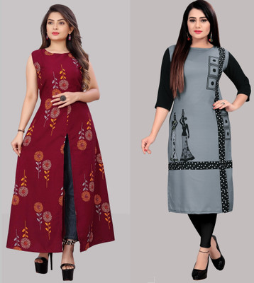 Hiral Creation Women Floral Print Straight Kurta(Maroon, Pink)
