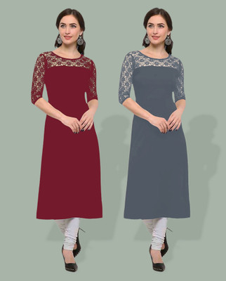 Maheshvi Women Solid, Self Design Straight Kurta(Grey, Multicolor)
