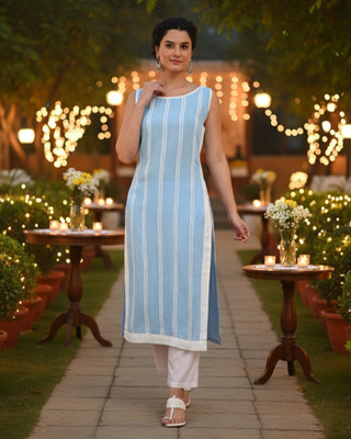 maaesa Women Striped Straight Kurta(Blue)