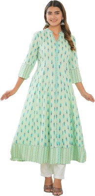 Yash Gallery Women Ikat Anarkali Kurta(Green)