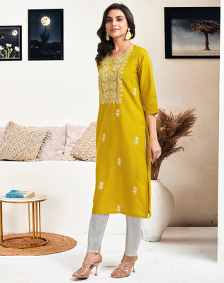 Anmi Embroidered, Embellished Women Straight Kurta(Yellow)