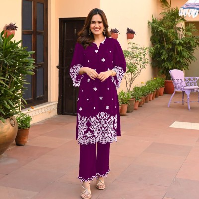 Xoxo Think New Women Embroidered A-line Kurta(Purple)