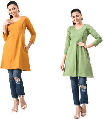 Indeweaves Women Solid A-line Kurta(Green, Yellow)