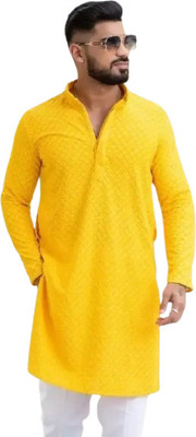 RS ENTERPRISES Men Self Design Straight Kurta(Black)