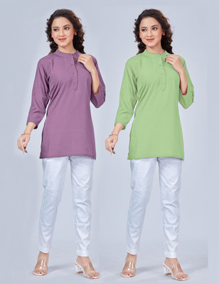 SPGR Women Solid Straight Kurta(Purple, Green)