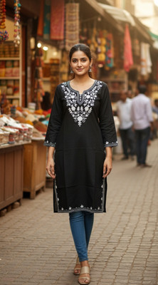 IGE Women Embroidered A-line Kurta(White, Black)