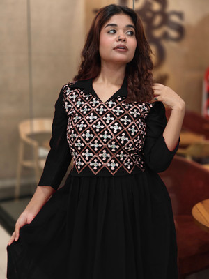 Youthnic Women Fit and Flare Black Ankle Length Dress