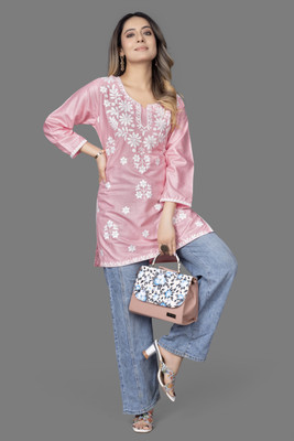 shivshakti faishon Women Chikan Embroidery A-line Kurta(Pink)