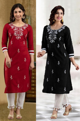 vikshi Women Chikan Embroidery Straight Kurta(Multicolor)