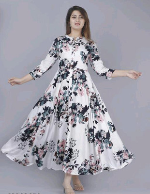 Kunj Creation Women Floral Print Anarkali Kurta(White)