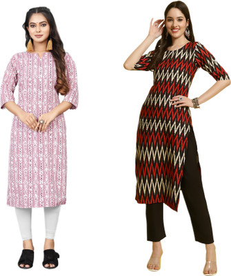 KAUTAQI Women Striped, Printed Straight Kurta(Multicolor)