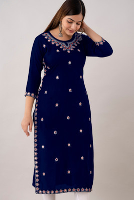 Kapadia Women Embroidered Straight Kurta(Blue)