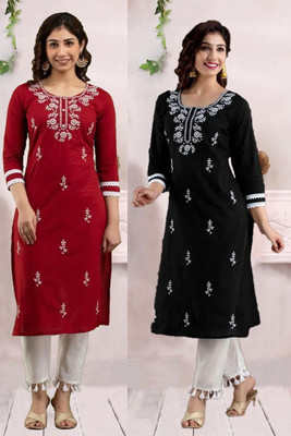 SISTO Women Chikan Embroidery Straight Kurta(Multicolor)