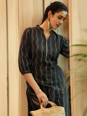 MARKSHIZUKA Women Striped A-line Kurta(Black)
