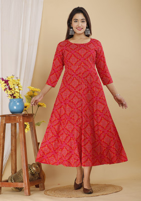 WELCOMEKURTIS Women Printed Anarkali Kurta(Red)
