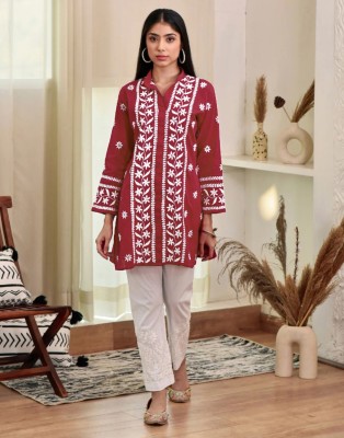 Samah Women Chikan Embroidery, Embellished, Dyed/Ombre, Self Design Straight Kurta(Red, White)