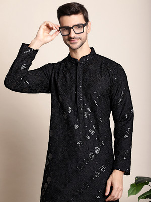 ANOUK Men Embroidered Straight Kurta(Black)