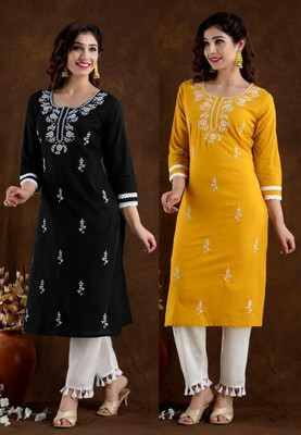 vikshi Women Chikan Embroidery Straight Kurta(Yellow, Black)
