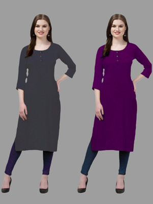 HOFC Women Solid Straight Kurta(Grey, Purple)