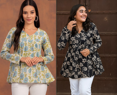 CLANGER Women Floral Print Flared Kurta(Green)