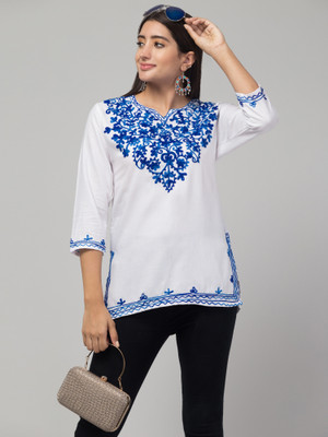 ILMA CREATION Women Embroidered A-line Kurta(White, Dark Blue)