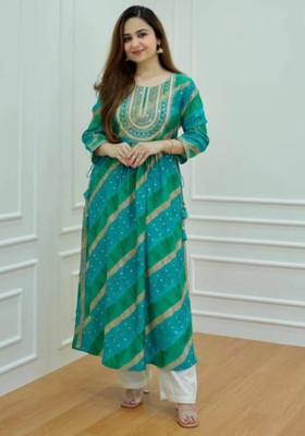 MUHAL Women Leheriya A-line Kurta(Blue, Green, Beige)