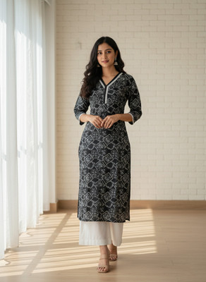yeoja creation Women Block Print Straight Kurta(Black)