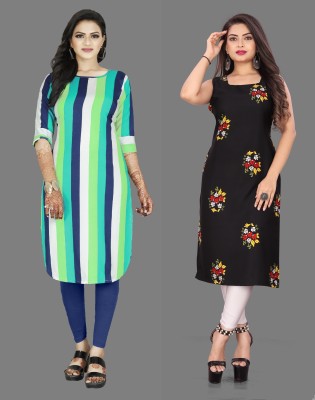 Hiral Creation Women Striped, Printed Straight Kurta(Black, Multicolor)