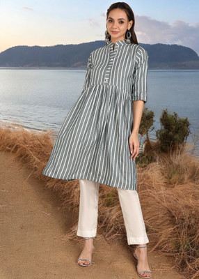 Ladylaz Women Striped Straight Kurta(Grey)