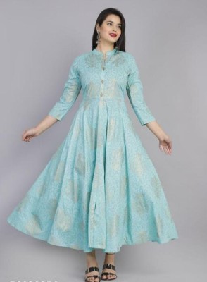 Akel Women Printed Anarkali Kurta(Gold, Light Blue)