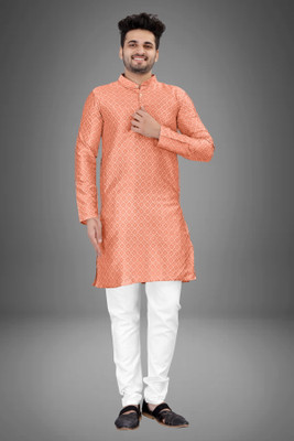 MENTIFIC Men Printed, Self Design Straight Kurta(Orange)