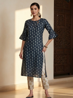 LIBAS Women Floral Print Straight Kurta(Light Blue, Dark Blue)