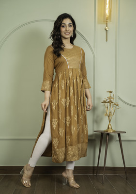 SHREE RADHARANI CREATION Women Printed Straight Kurta(Beige)