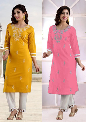 vikshi Women Embroidered Straight Kurta(Multicolor)