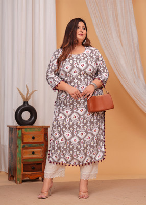 LABULY Women Printed Straight Kurta(Grey)