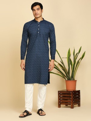 Rajubhai Hargovindas Men Printed Straight Kurta(Dark Blue)