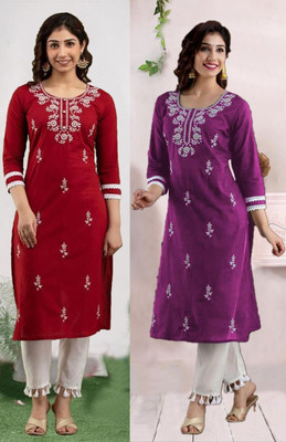 SISTO Women Chikan Embroidery A-line Kurta(Red, Purple)