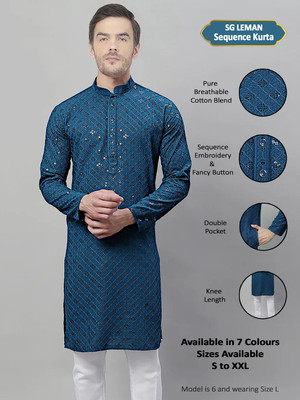 SG LEMAN Men Embroidered Straight Kurta(Blue)