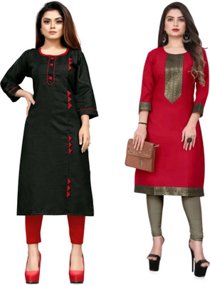 AAIKHODAL Women Applique Straight Kurta(Black, Maroon)