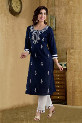 SISTO Women Chikan Embroidery Straight Kurta(Blue)