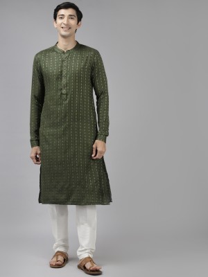 See Designs Men Chikan Embroidery Straight Kurta(Green)