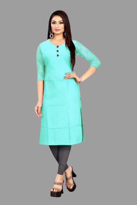 HOFC Women Solid Straight Kurta(Blue)