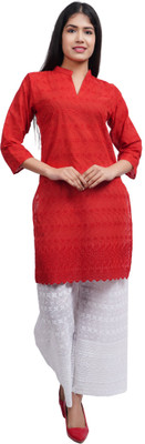 trendzmy Women Chikan Embroidery Straight Kurta(Red)