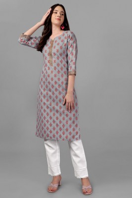 Solucions Women Block Print A-line Kurta(Grey)