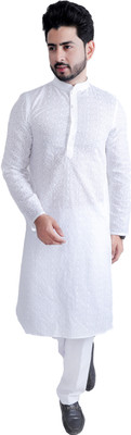 DRESSED UP DIVAS Men Chikan Embroidery Pathani Kurta(White)