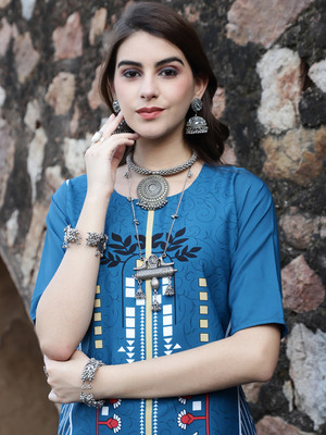 1 Stop Fashion Women Printed Straight Kurta(Purple)