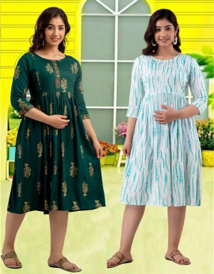 RANGRAIL Women Printed Flared Kurta(Green)