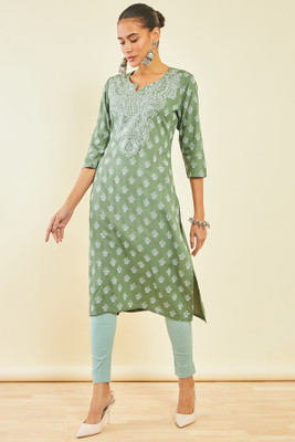soch Women Printed Straight Kurta(Green)